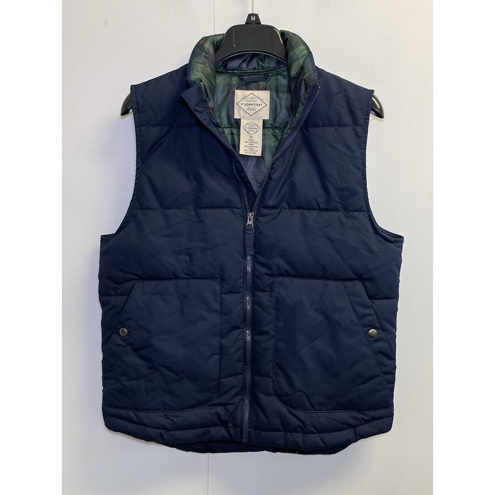 St John's Bay Men's‎ Size S Puffer Vest Navy Full Zip Pockets Plaid Lining Warm